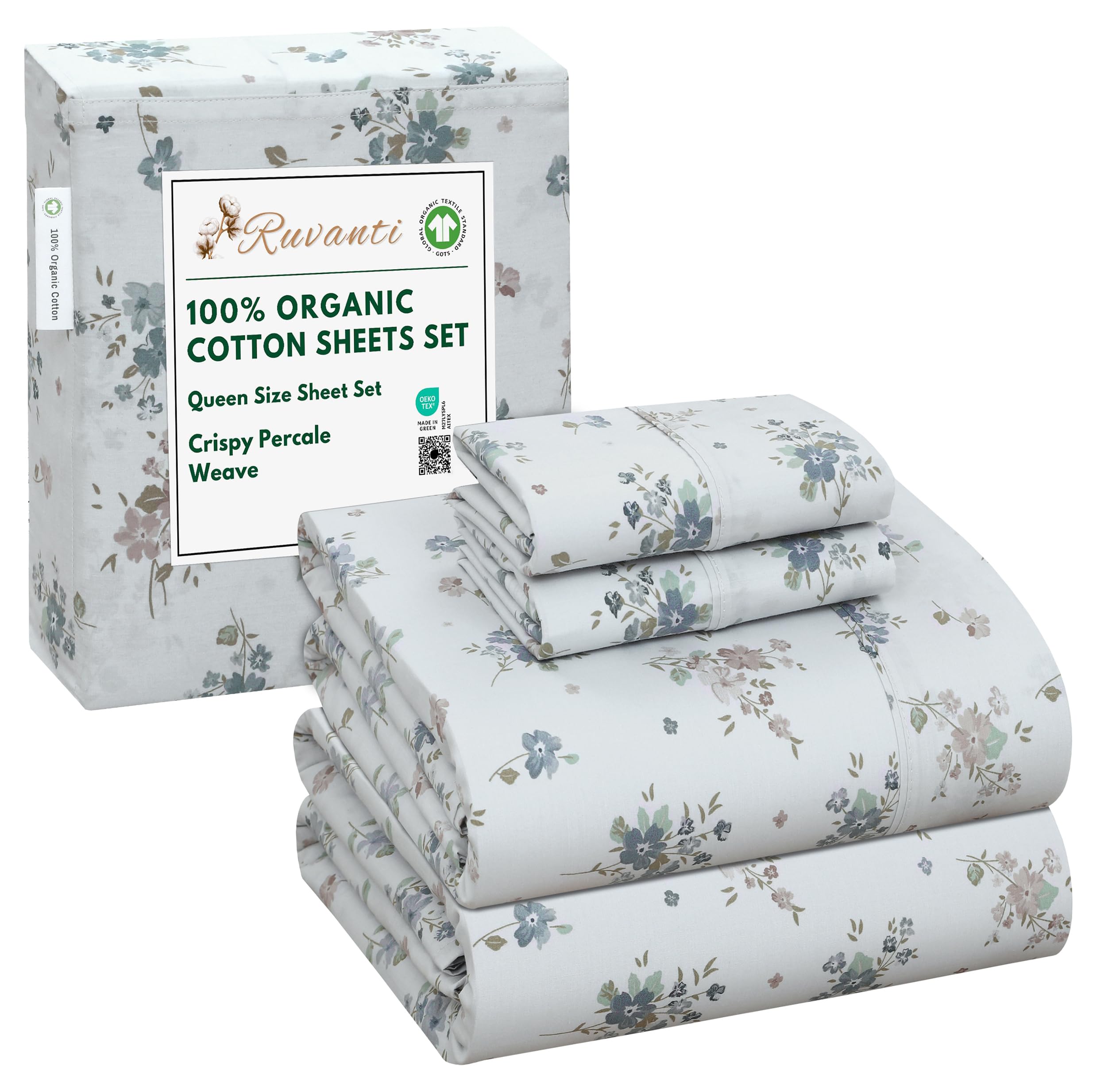 Photo 1 of RUVANTI 100% Organic Cotton Sheets Queen Size, Percale Weave, GOTS Certified, 4-Piece Set, Deep Pocket 15", Crisp & Breathable, Soft Durable Bedding, Sábanas Algodón Orgánico – Halcyon