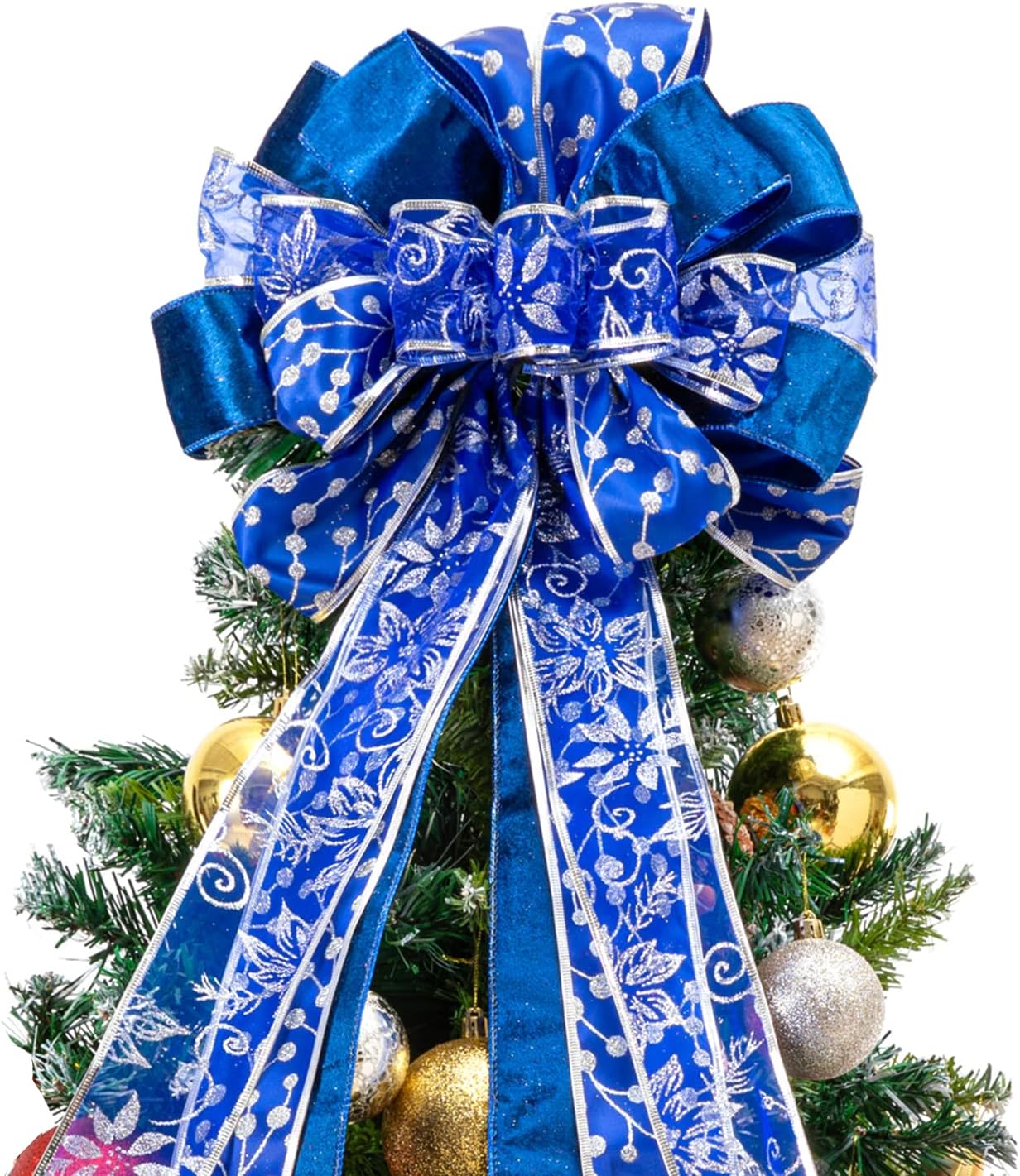 Tree Toppers - Christmas Tree Topper,Christmas Tree Bow Topper 41x13 Inches Large Toppers Gift Bow Tree Topper Bow Handmade Decoration for Wreaths Tree Toppers (Blue)