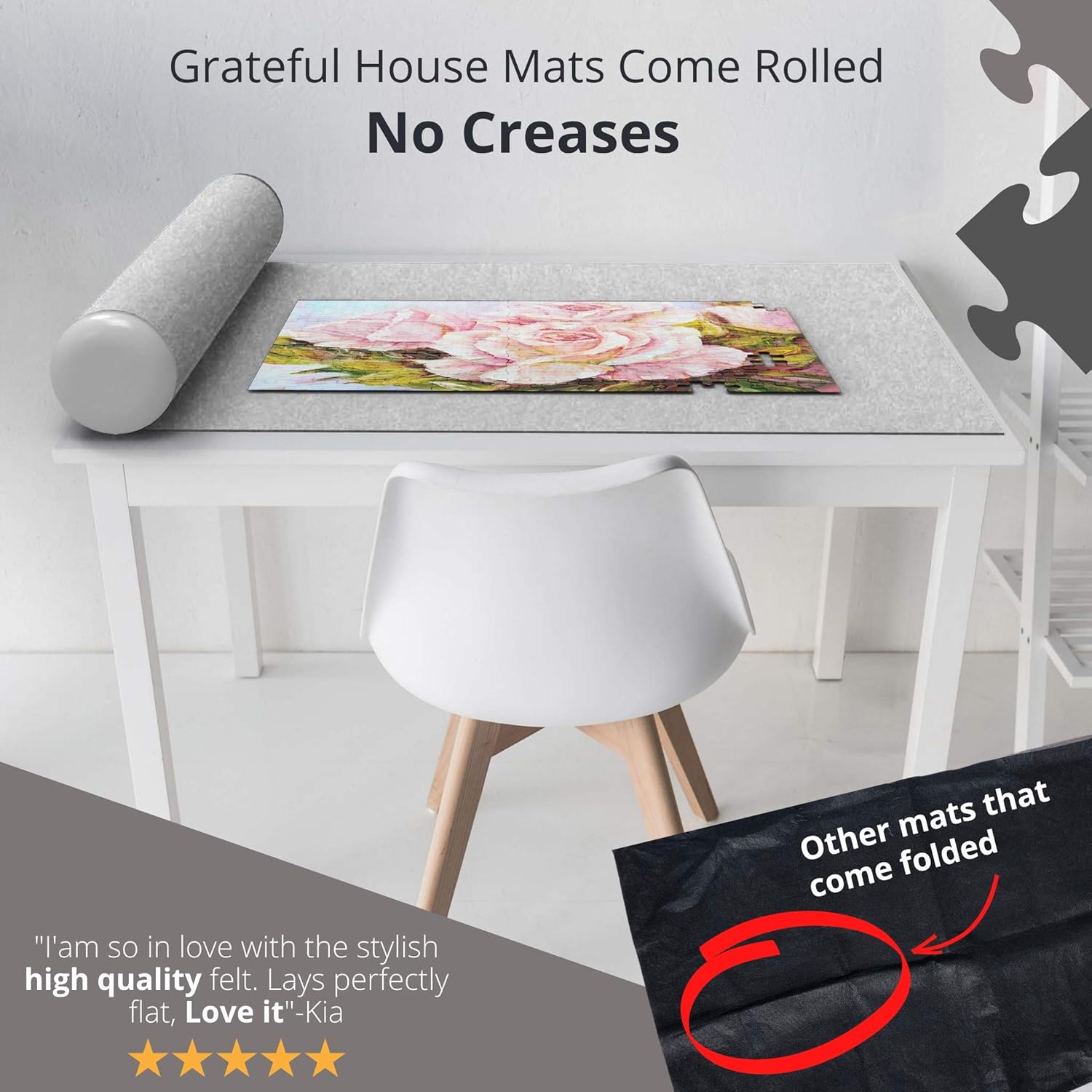 GRATEFUL HOUSE Premium ROLL UP Puzzle Mat for Jigsaw Puzzle Storage. Wool Blend Felt lays Perfectly Flat Comes Rolled & NOT Folded. Fits 500 1000 1500 Piece Puzzles.46 x 26 inch Puzzle Saver: Toys & Games
