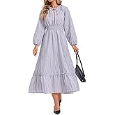 Ystguic Women's Boho Midi Dress Striped Tie V Neck Smocked Empire Waist Long Sleeve with Pockets