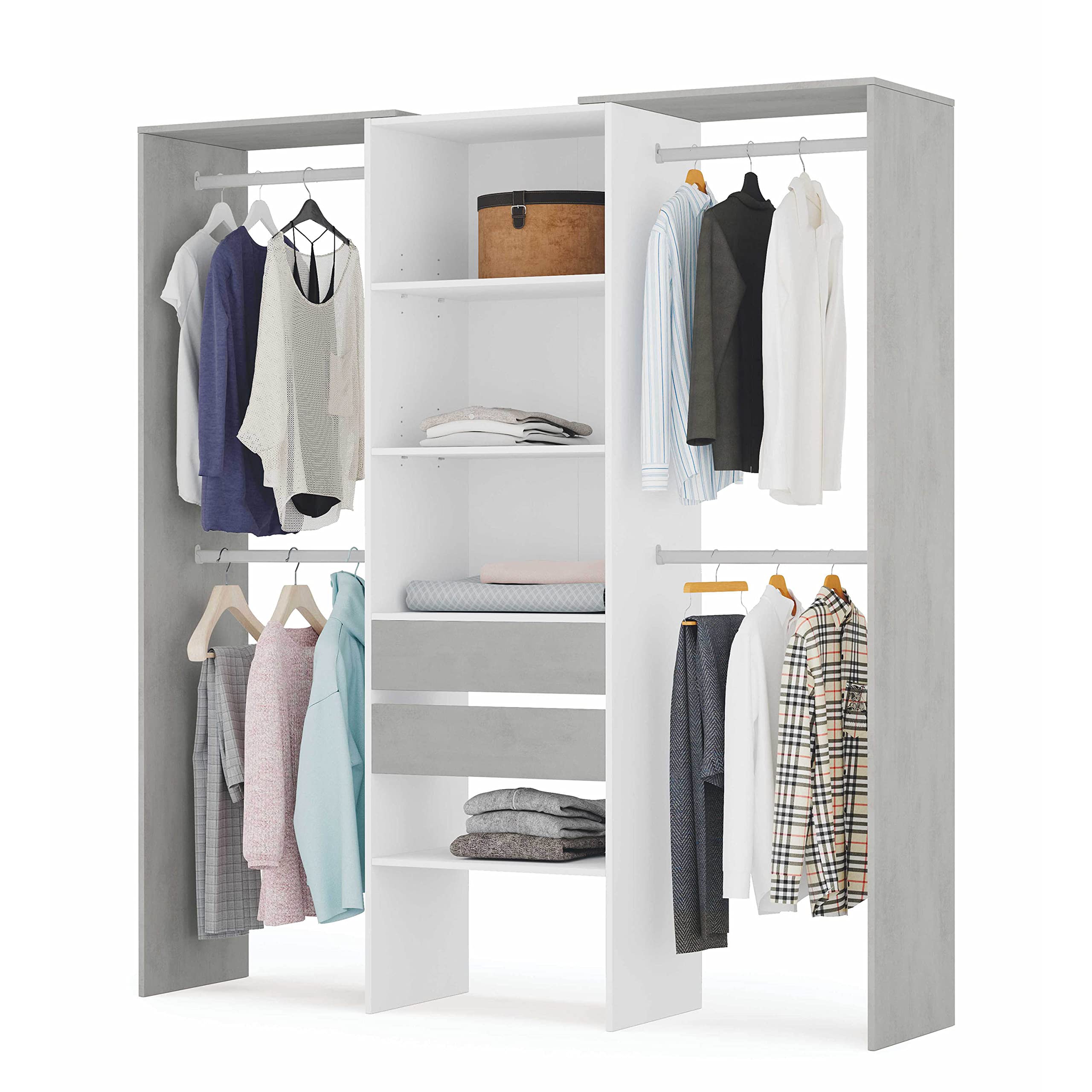 Armario-Vestidor-con-2-Cajones-Vestidor-con-Barras-y-Baldas-Acabado-en-Blanco-Artik-y-Gris-Cemento-Medidas-179-cm