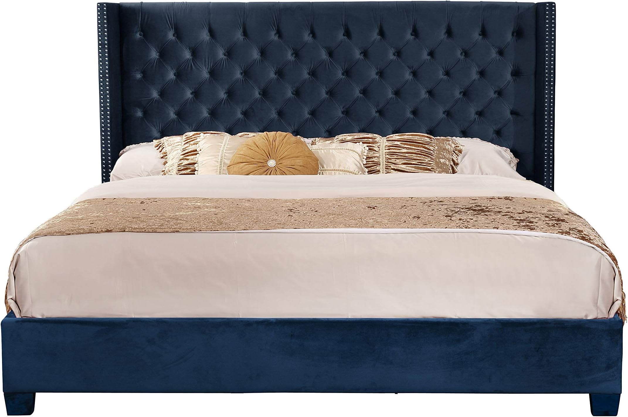 NHI Express Contemporary Velvet Upholstered Deep Button Tufting Solid Frame Platform Bed With Wood Slats King/Queen Size, Blue