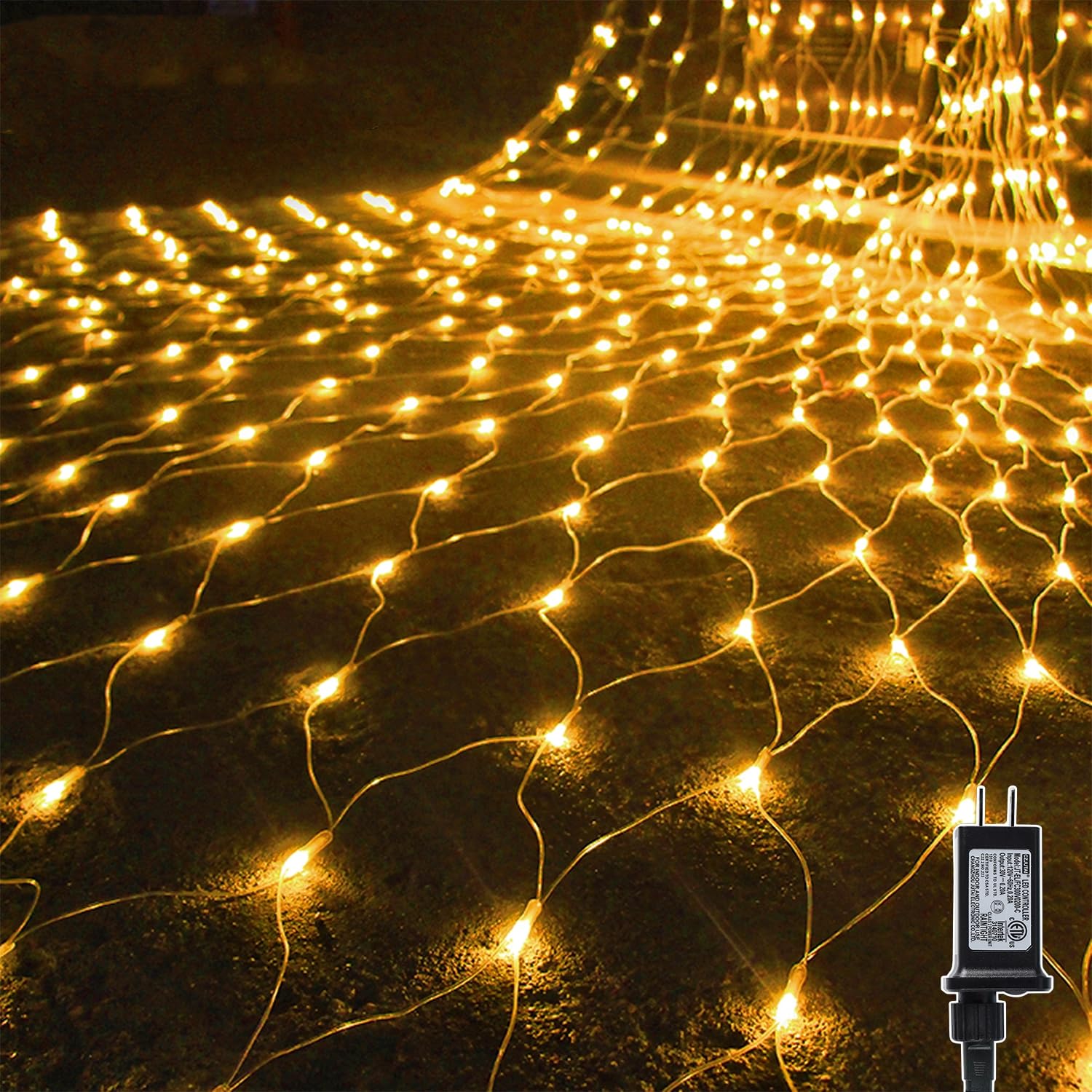 Photo 1 of WATERGLIDE Outdoor Christmas Net Lights, 12FT x 5FT 360 LED Fairy String Light with 8 Lighting Modes, Clear Wire Connectable Light, Plug in for Garden Tree Bushes, Holiday Wedding Party, Warm White