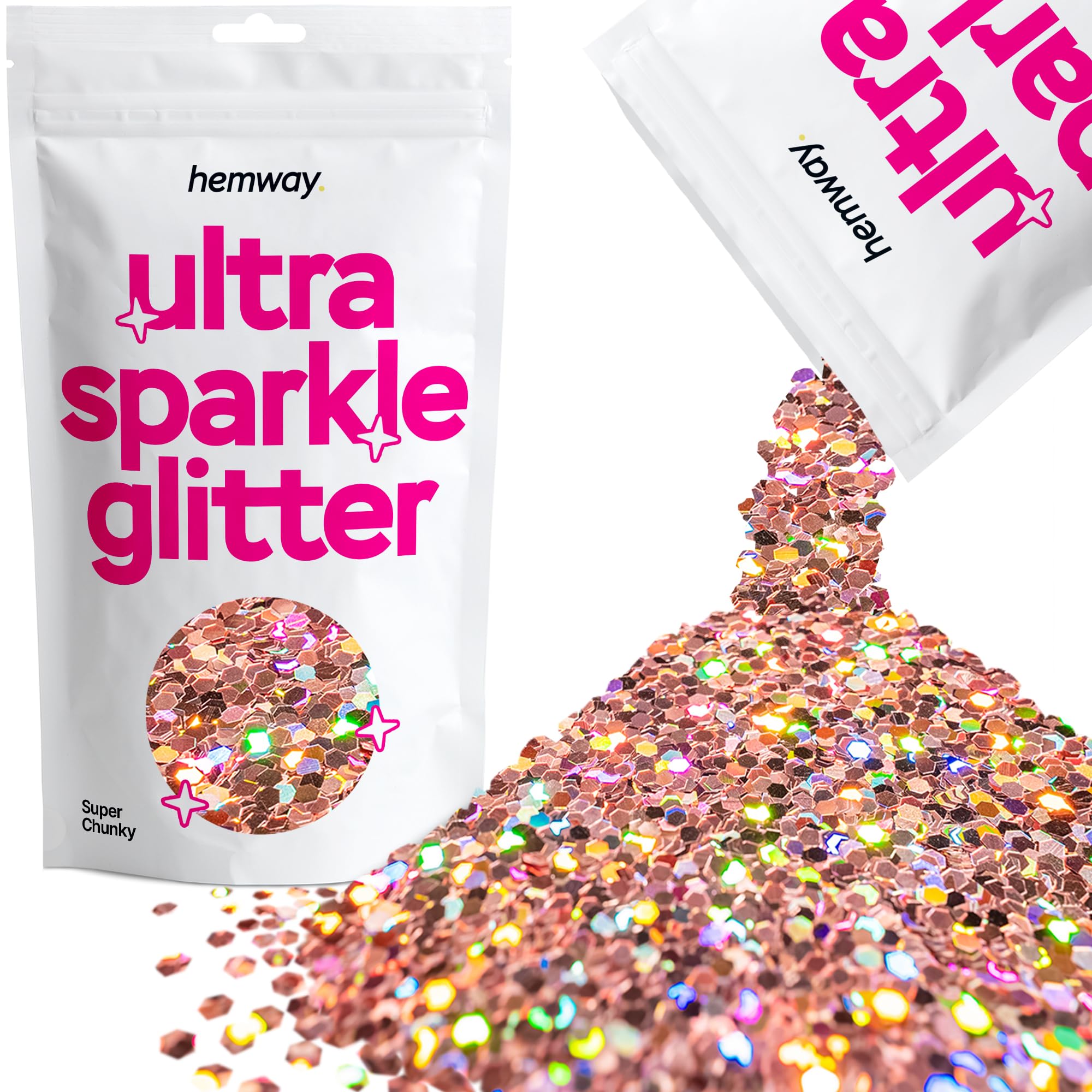 Hemway Ultra Sparkle Glitter Rose Gold Holographic 100g Super Chunky | Glitter for Arts & Craft, Makeup, Nail Art, Crafting, Card Making, Sparkle Decoration โ image 1