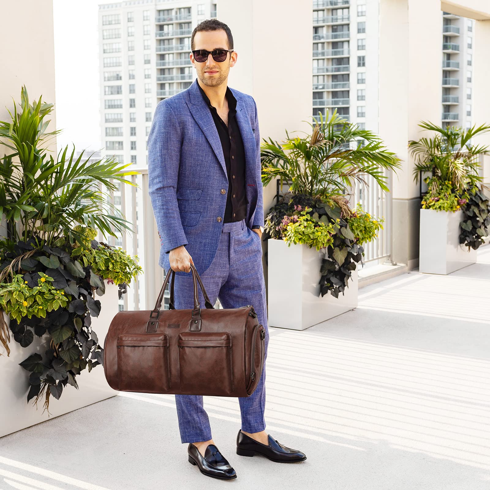 Modoker Convertible Leather Garment Bag, Carry on Garment Bags for Travel Waterproof Garment Duffel Bag Gifts for Men Women Business - 2 in 1 Hanging Suitcase Suit Travel Bags in Brown