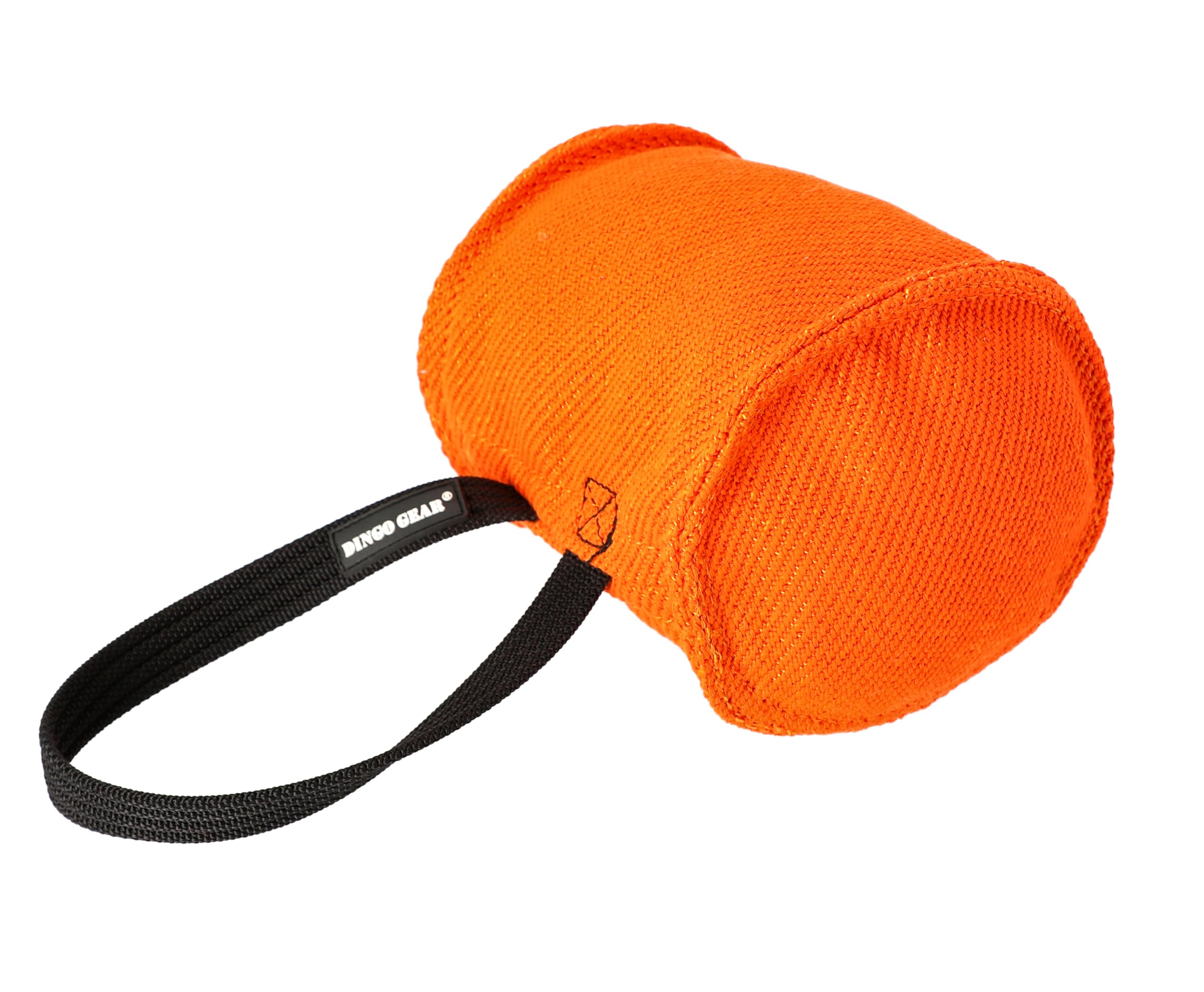 DINGO GEAR Berta Tug Toy for Bite Training, IGP, Fetch, Obedience, Dog Sports, Hand Sewn Strong Stitching French Material Bite Tug 1 Handle, Barrel Shape - Orange S00096