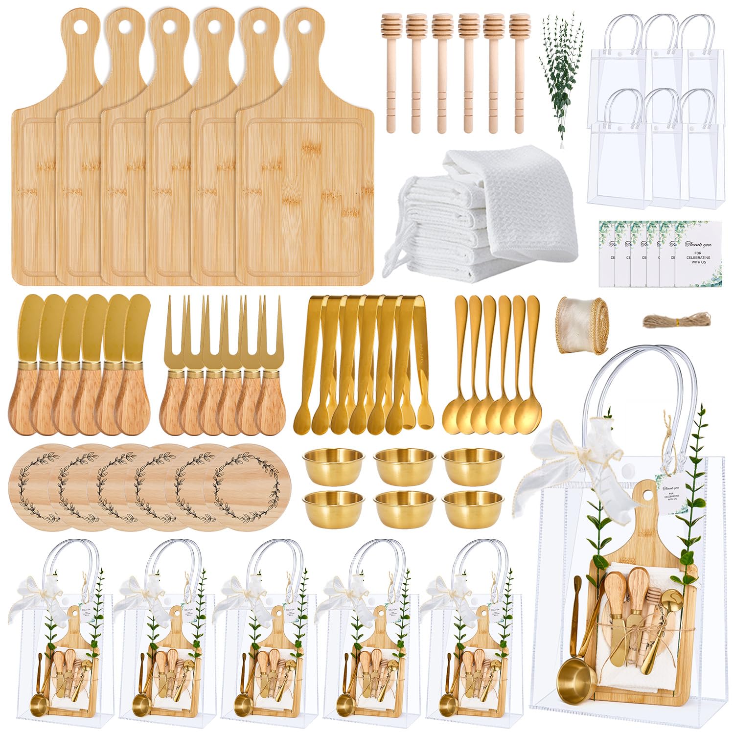 Photo 1 of 80Pcs Baby Shower Prizes for Game Winners 6 Sets Cheese Board Honey Dipper Stainless Steel Charcuterie Utensils Set Towel Thank You Card and Gift Bags for Baby Shower Wedding Bridal Shower Favors