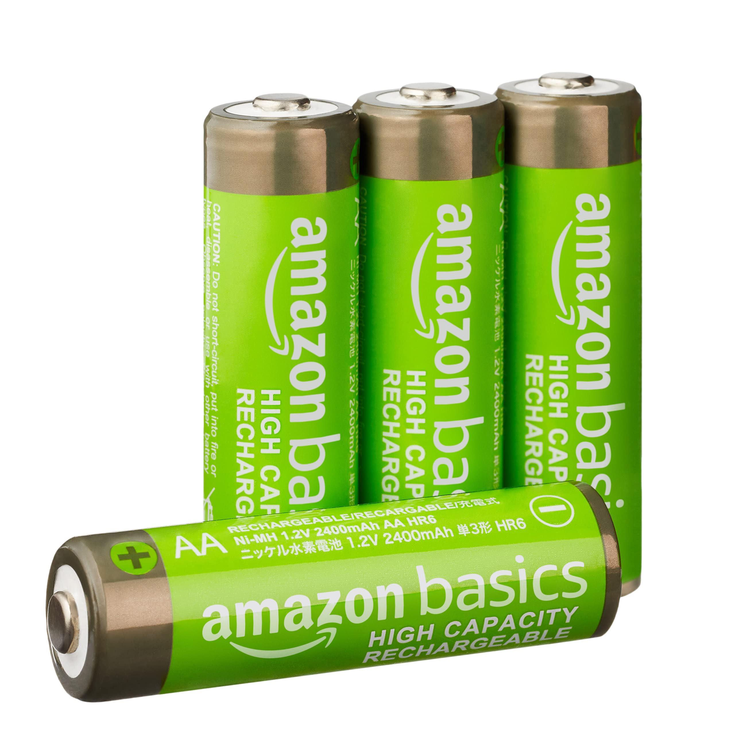 Amazon Basics 4-Pack Rechargeable AA NiMH High-Capacity Batteries, 2400 mAh, 1.2V, Recharge up to 400x Times, Pre-Charged