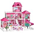 TEMI Villa Toys for 3-8 Years Old Girls - 3 Storeys 8 Rooms, Indoor Playset with 2 Dolls, Furniture and Accessories, Pretend Play, Building Toys, Gifts