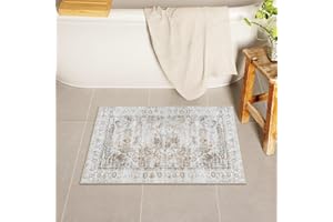 Uphome Boho Small Bath Mat, Distressed Farmhouse Light Khaki Bath Rugs, Comfy Velvet Bathroom Rugs Non Slip Washable, Vintage Oriental Toilet Rug for Sink Shower Vanity, 18x26 inch