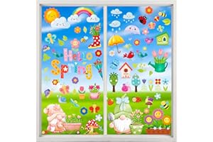 QNTCCX Spring Window Clings Hello-Spring Stickers - 115pcs Flowers Butterfly Bees Birds Double-Sided Window Decals for Spring School Home Office Accessories Party