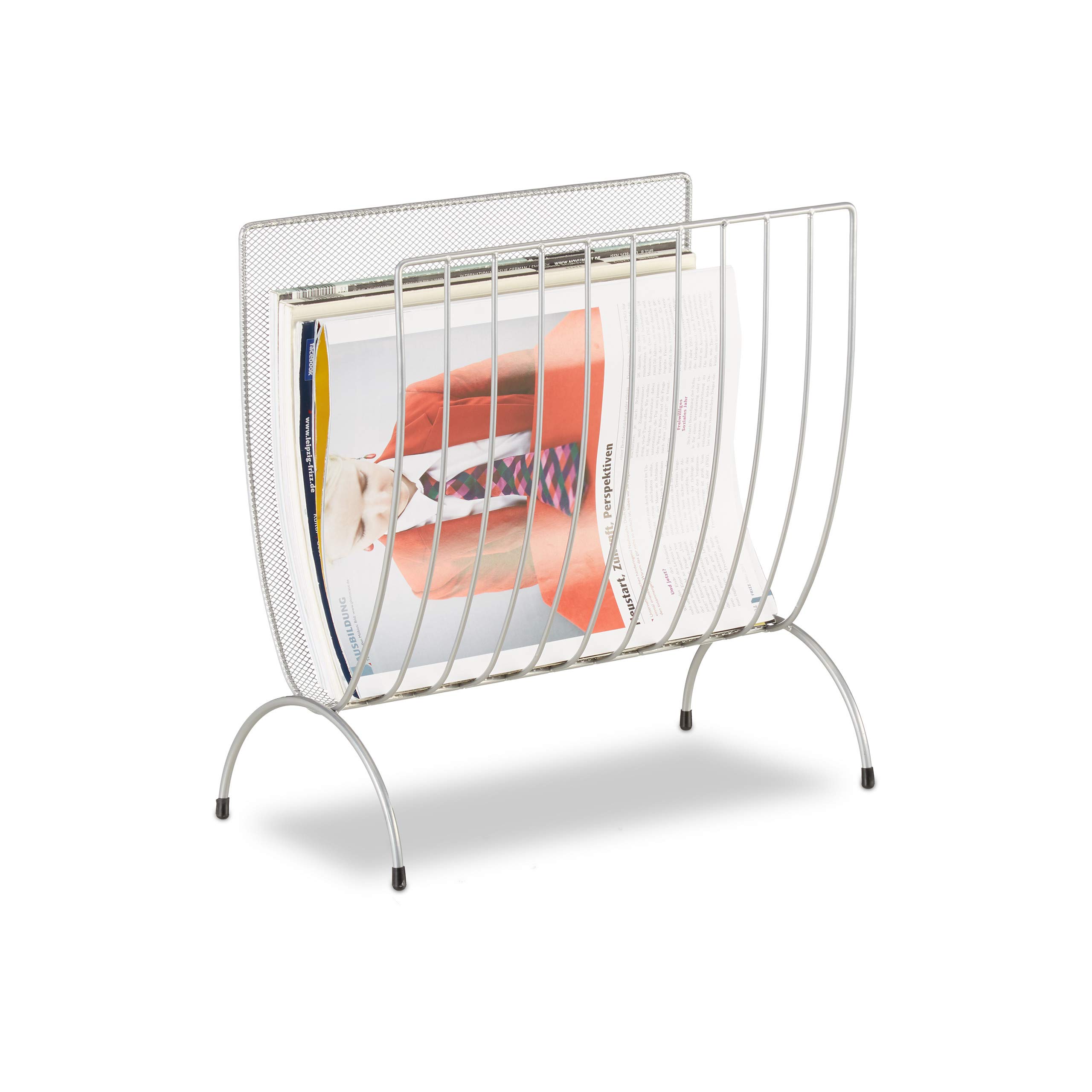Relaxdays Mesh Newspaper Stand, Metal Newspaper Bin, Freestanding Rack, H x W x D 35 x 34 x 18 cm, Silver