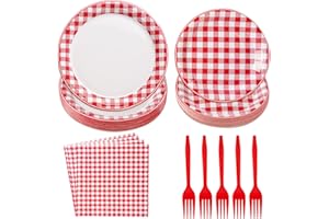 GRENCIAN 96Pcs Red and White Gingham Party Decorations Red White Buffalo Checked Plaid Plates and Napkins Picnic Tableware for Summer BBQ Picnic Baby Shower Birthday Family Dinner Party Supplies, Serves 24