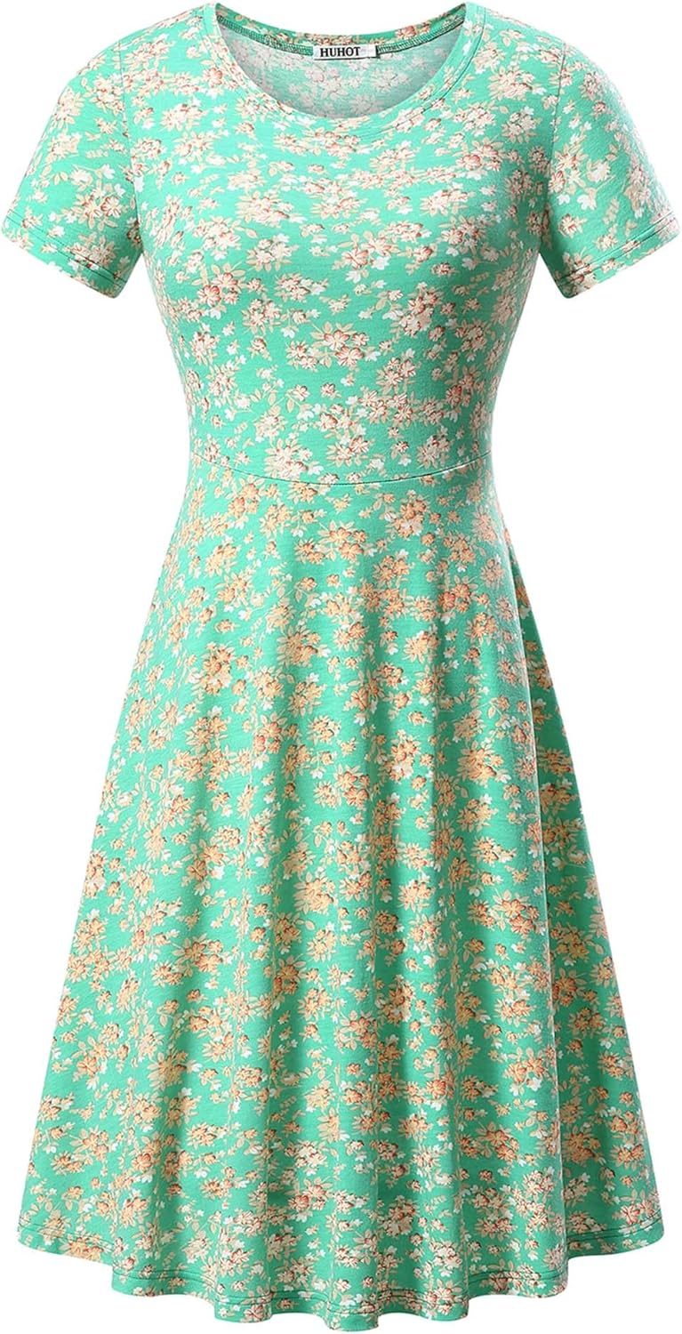 huhot women short sleeve round neck summer casual flared midi dress