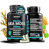 SPARTIS Certified Organic Sea Moss Capsules 2250mg Wildcrafted Irish Sea Moss Burdock Root Bladderwrack Supplement Raw Seamoss Pills & Powder (Pack of 1 at 180-Caps)