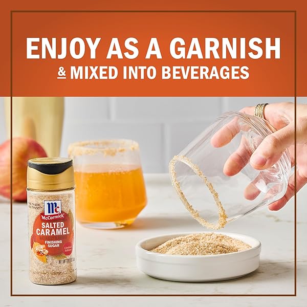 MCCORMICK FINISHING SUGAR, SALTED CARAMEL, RICH, CREAMY CARAMEL WITH A TOUCH OF SALT, ADD TO WARM BEVERAGES, SPRINKLE ON TREATS & SNACKS, NO COLORS FROM ARTIFICIAL SOURCES, 3.81 OZ