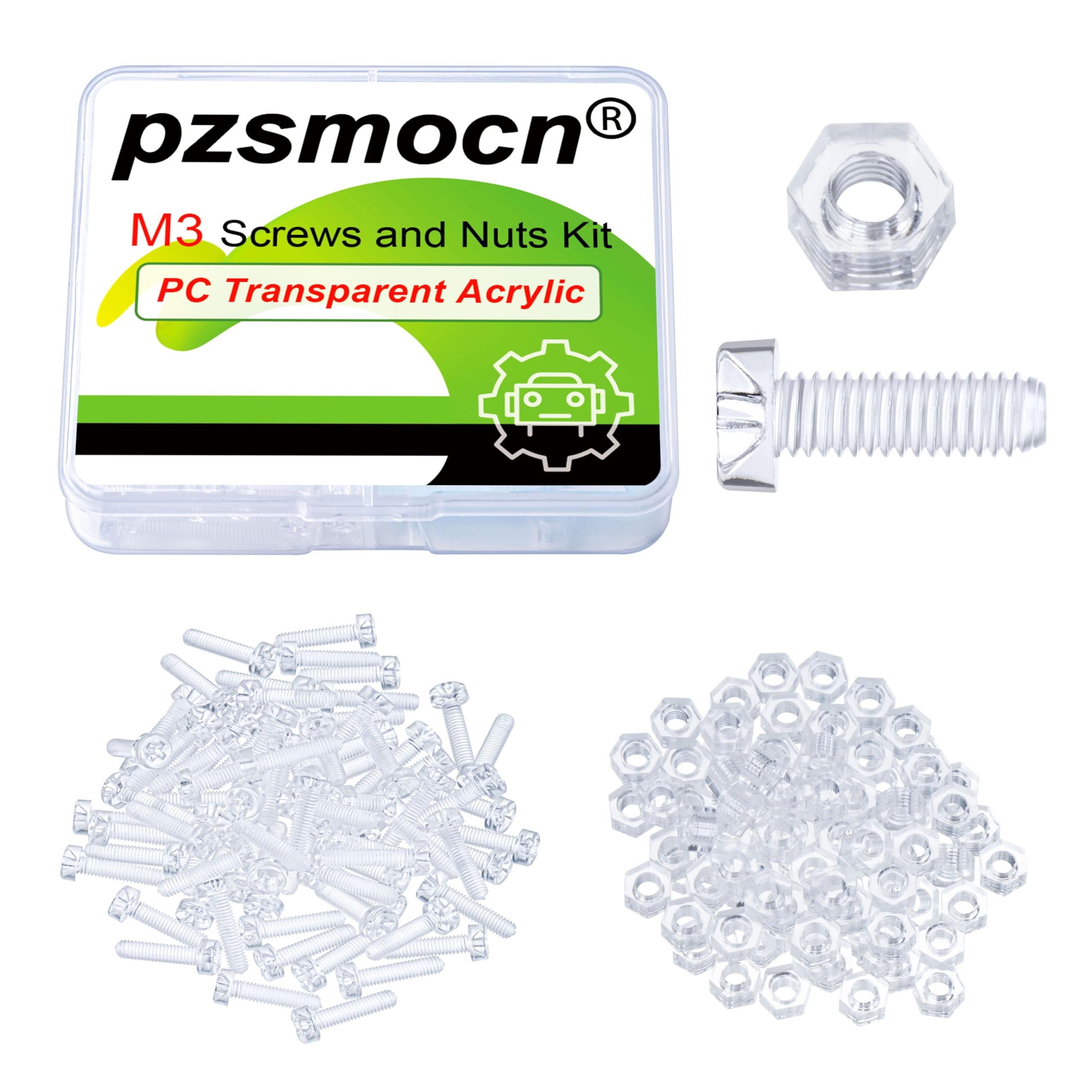 Pzsmocn 200 Pieces/100 Sets M3*12 mm PC Transparent Plastic Cross-recessed Round Head Screws and Hexagonal Nuts Kit, Corrosion-resistant, for DIY, Model and Electronic Product Fixation.