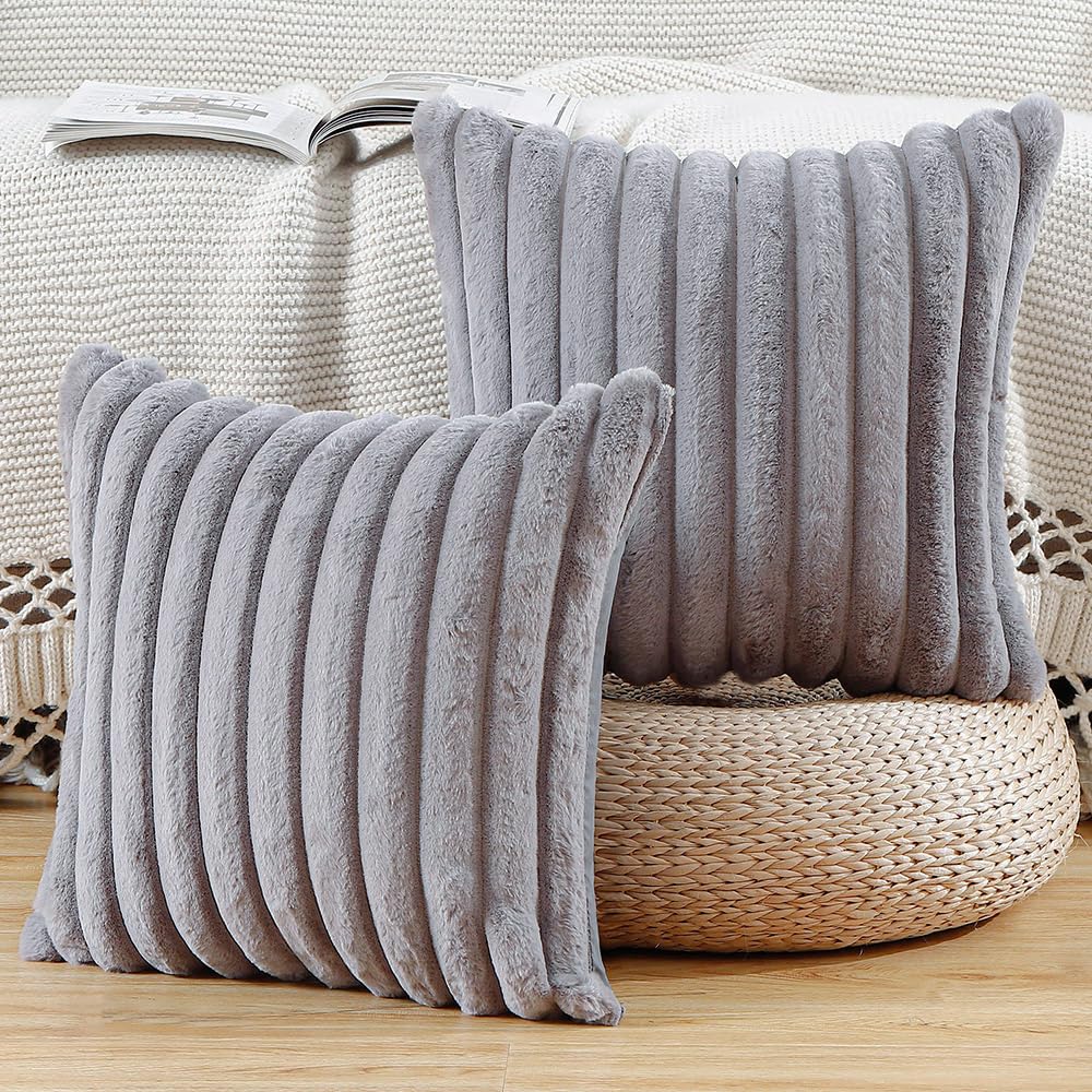 Madizz Set of 2 Faux Fur Decorative Cushion Covers 26x26 inch, 65x65 cm, Grey Soft Couch Throw Pillows for Bed Modern Pillowcases for Sofa Livingroom Home Decor — image 1