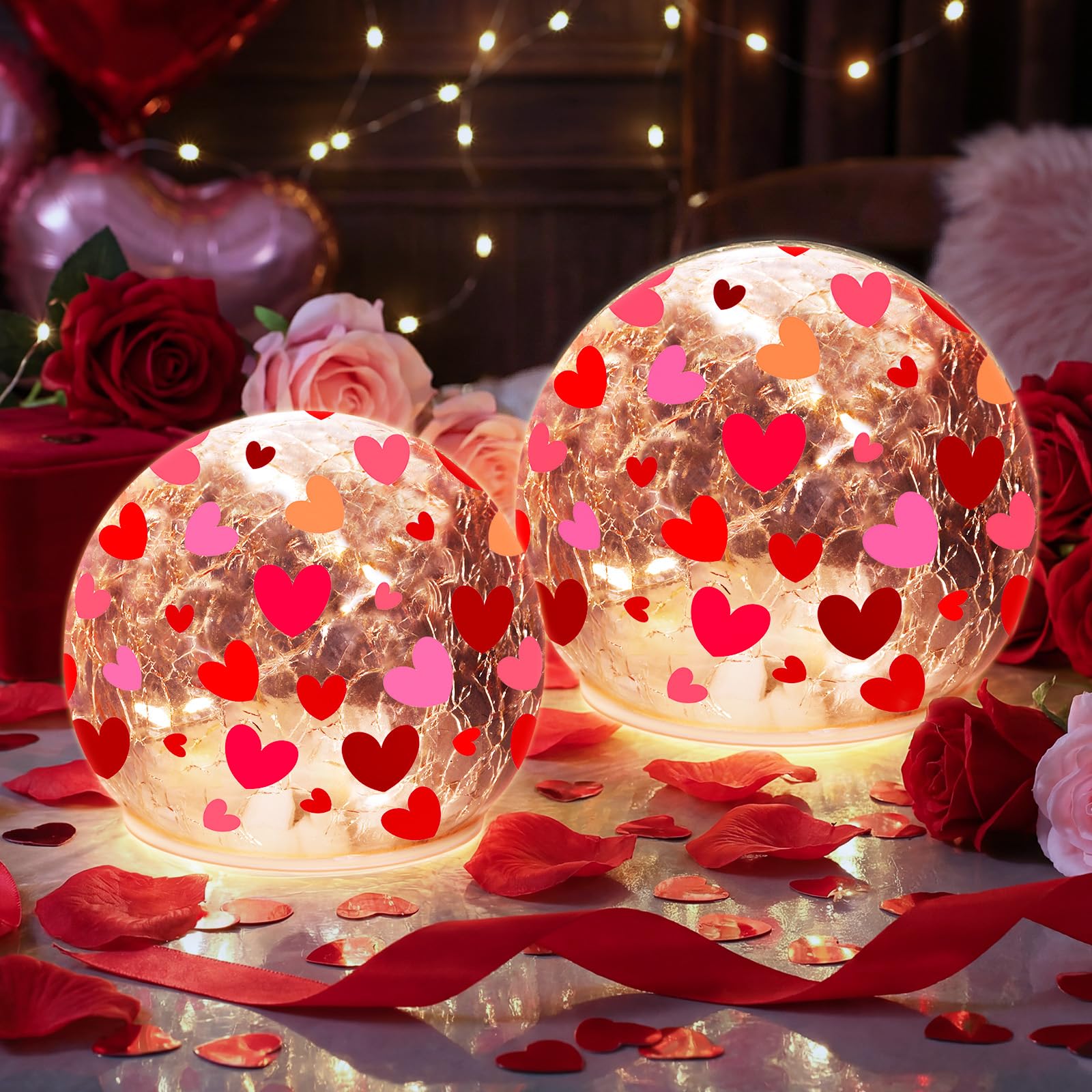Photo 1 of Rossesay Set of 2 Valentine Day Decorative Glass Ball Light 5.9'' 4.7'' Pink and Red Heart Crackle LED Lights for Tabletop Decoration Globe Lamp Battery Operated for Holiday Indoor Party Table Gift