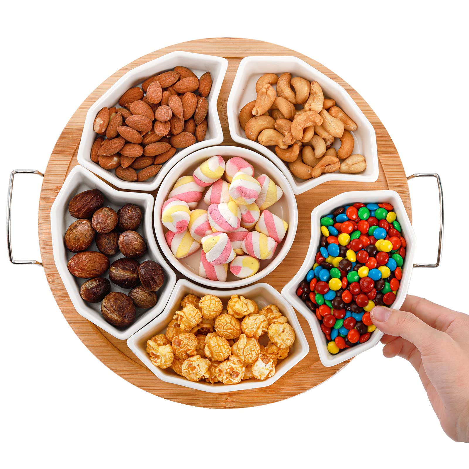 Photo 1 of ZENFUN Serving Tray and Platter, 11'' Divided Dip Bowls with Bamboo Tray, 6-Compartment Removable Appetizer Snack Bowls, Round Sectional Serving Platter for Chips and Dip, Fruits, Condiment