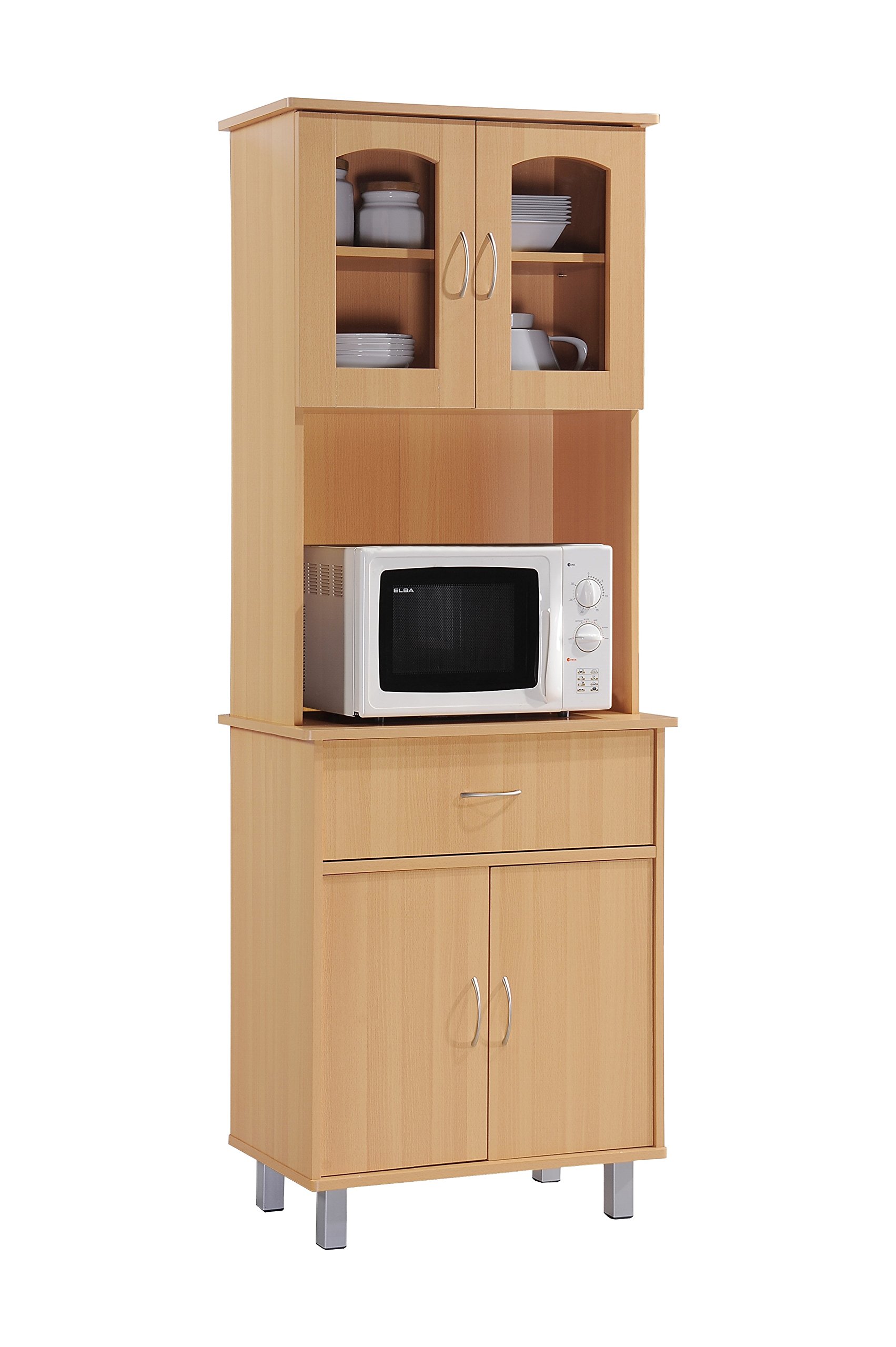 Hodedah Long Standing Kitchen Cabinet with Top & Bottom Enclosed Cabinet Space, One Drawer, Large Open Space for Microwave, Beech