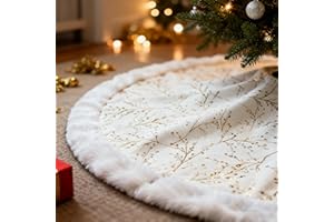 SYITCUN Christmas Tree Skirt, 48inch White and Gold Tree Skirt, Faux Fur Xmas Tree Skirt for 4 5 6 7 8 9 Ft Christmas Trees, 
