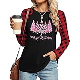 ELDPS Christmas Shirts for Women: Merry Christmas Shirt Xmas Tree Tshirt Holiday Long Sleeve Plaid Tops Blouse