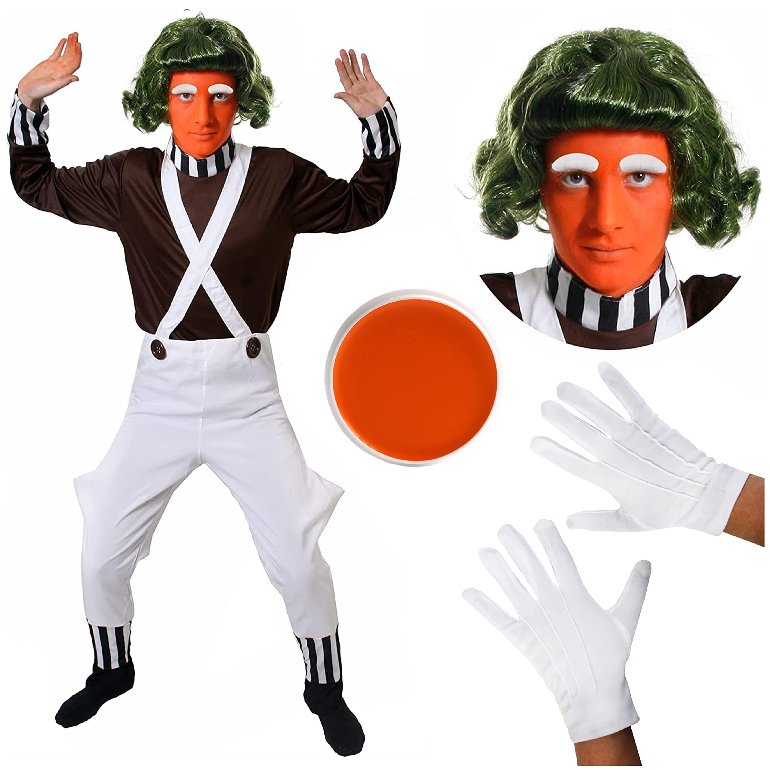 Adults Chocolate Factory Worker - Medium - Brown Top, White Trousers, Green Wig, Gloves, Eyebrows, Facepaint - Mens Teacher School Book Week World Book Day Fancy Dress Costume