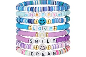 YALASOBA Preppy Bracelets Set Colorful White Gold Smile Heart Star Polymer Beaded Pearl Clay Stackable Charm Y2K Kidcore Aesthetic Summer Beach Bohemian Stretch Layering Bracelets Jewelry for Girls Women Teens