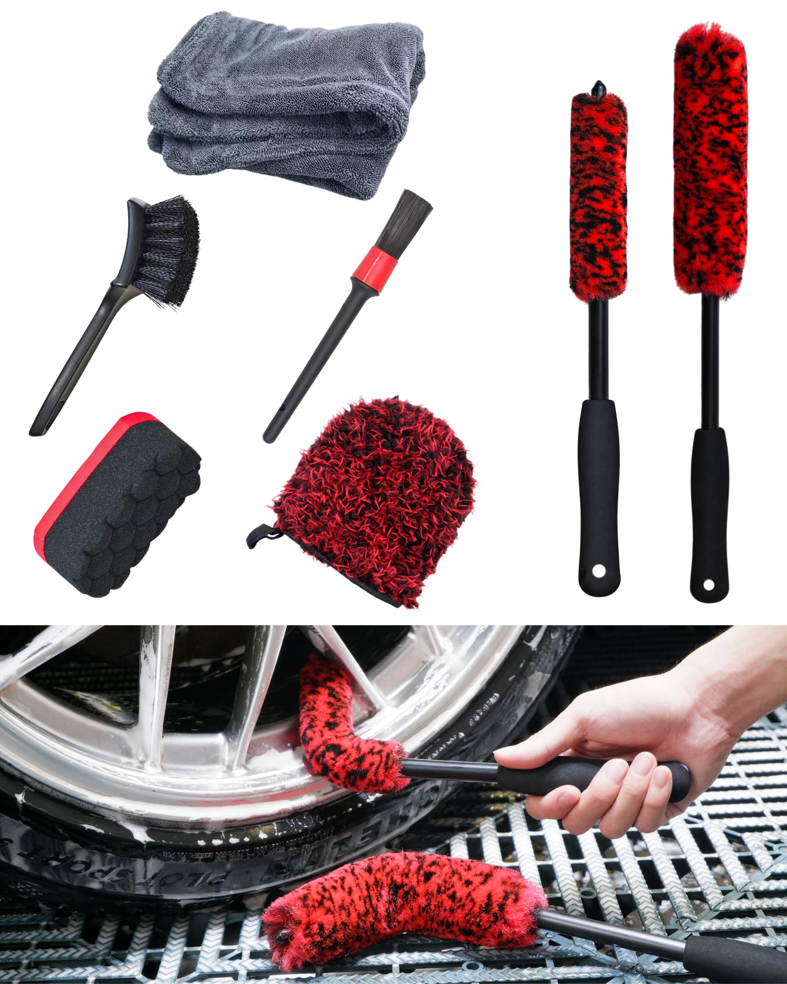 Photo 1 of Premium 7PCS Car Wheel Rims Detail Cleaning PRO Wash Kit, Wheel Wash Mitt, Tire Brush,2PCS Soft Woolies Wheels Brush,Detailing Brush and Tire Dressing Pad,Microfiber Dry Towel Scratch-Free Cleaning