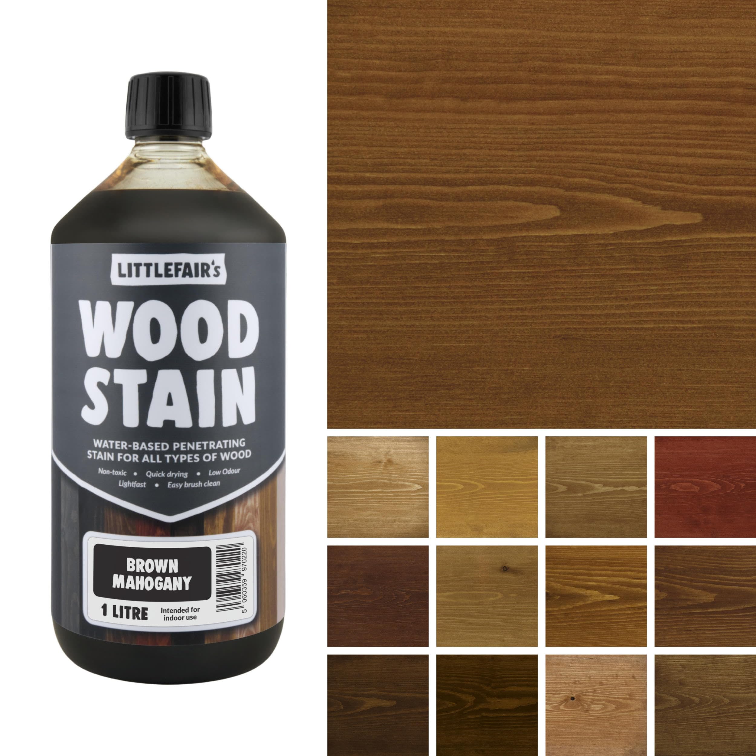 Littlefair's Wood Stain Water-Based - (Brown Mahogany) – Non-Toxic, Eco-Friendly & Quick Drying - Easy-to-Apply, Concentrated Formula for All Wood Types – 1 LTR