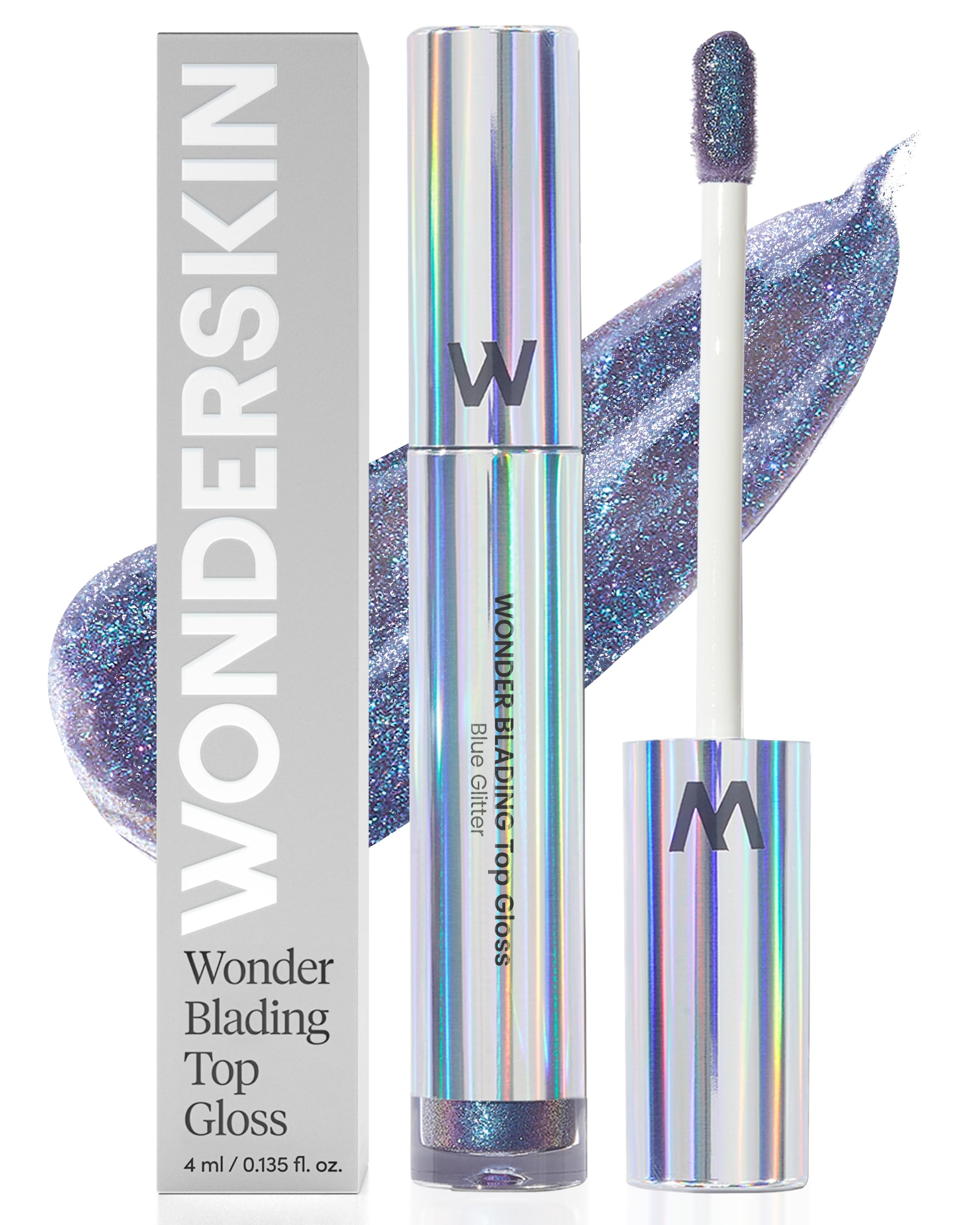 Wonderskin Lip Gloss Blading Top Gloss, Hydrating and High Shine Finish Lip Makeup (Blue Glitter)
