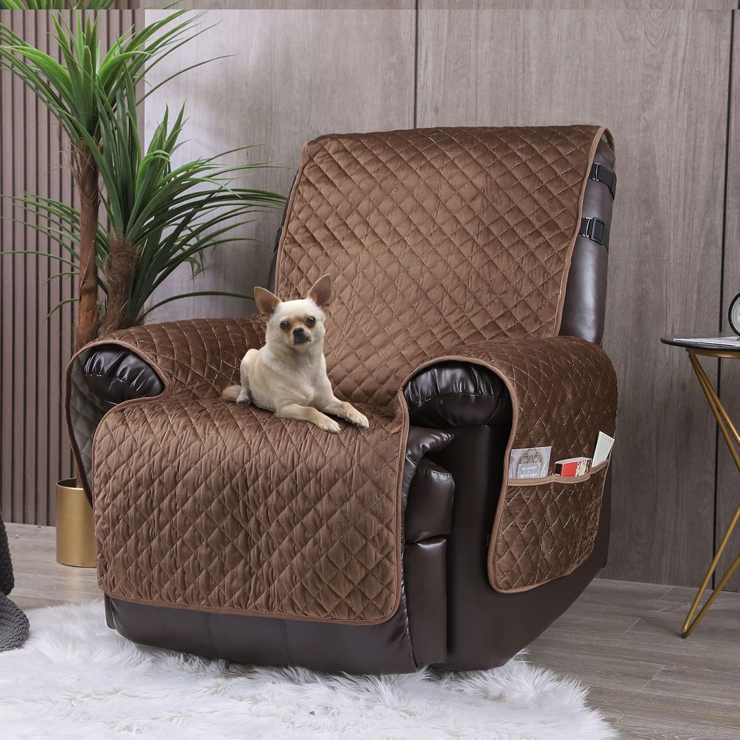 Slipcovers - Velvet Recliner Covers Non Slip Waterproof Large Recliner Chair Covers for Leather Chairs Reversible Recliner Sofa Cover for Living Room Recliner Furniture Protectors Covers for Dog Pets Brown 28
