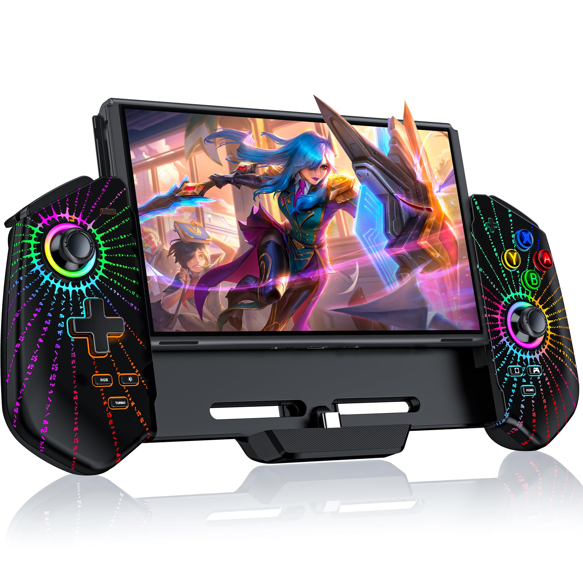 HASACOOL Switch Controller Handheld mit Hall Effect Sticks, Großer Griff Controller für Switch/OLED mit Turbo/Tischständer/6 Achsen Gyro(Runen)