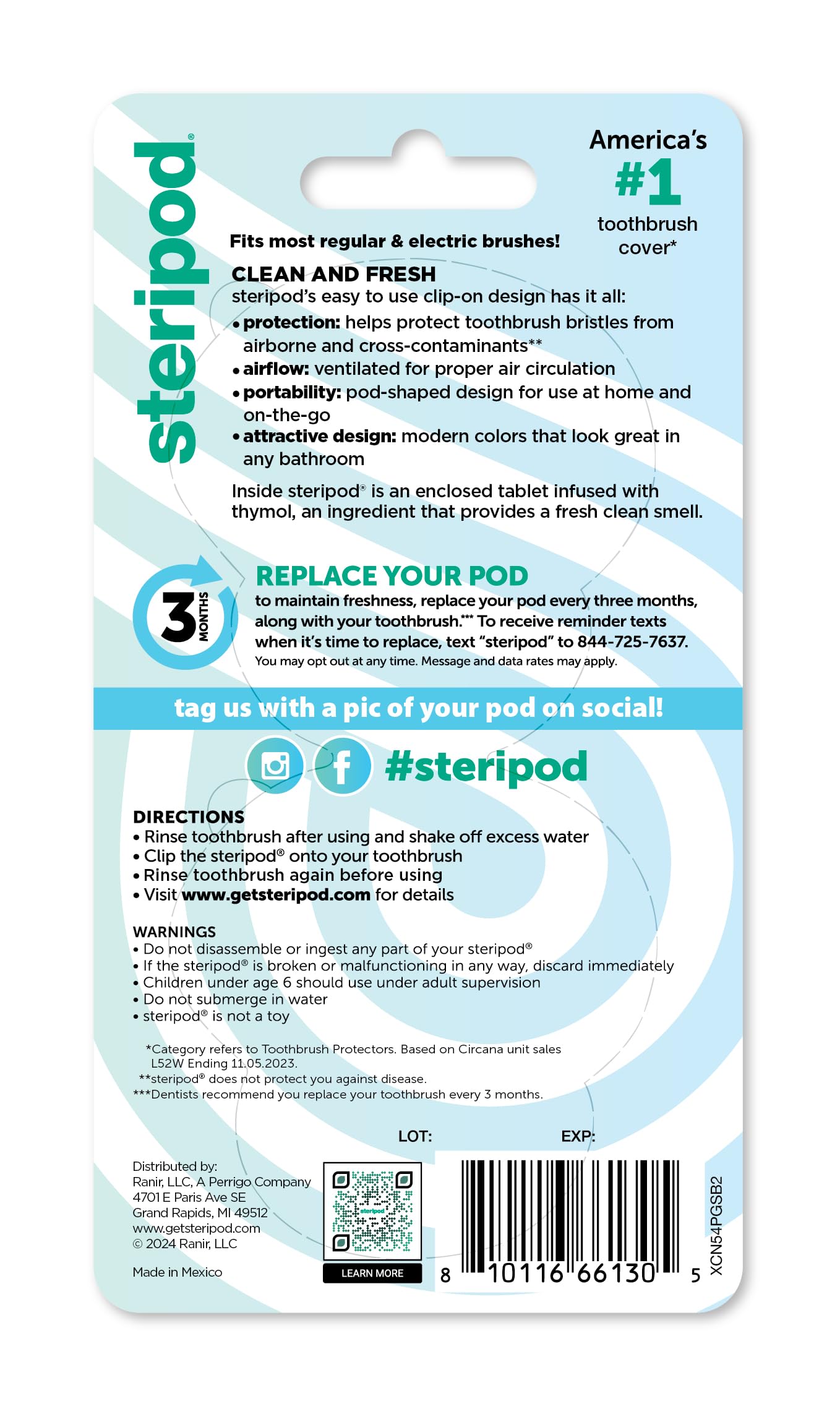 Steripod Clip-On Toothbrush Protector, Keeps Fresh and Clean, Fits Most Manual and Electric Toothbrushes, Pink and Blue, 2 Count (Pack of 1)