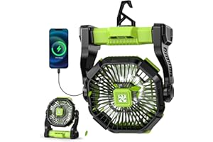DOVILUXE Battery Powered Fan -Lash Fans with Led Lantern, Portable Rechargeable, Battery Operated for Mobile Phone, Hook 4 Speed Quiet Personal for Desk Fan, Travel, Fishing, Power Outage, Hurricane-Green