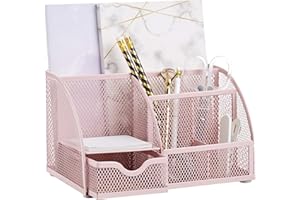 Annova Mesh Desk Organizer Office with 7 Compartments + Drawer/Desk Tidy Candy/Pen Holder/Multifunctional Organizer (Light Pink)
