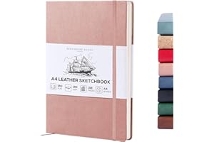 Beechmore Books A4 Sketchbook – 8.5x11 Premium Vegan Leather Bound Large Sketch Book Hardcover with 156 Thick 160gsm Perforated Ivory Pages, Blank Sketch Pad, Gift Boxed, Back Pocket, Ribbon Bookmark