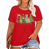 Plus Size Christmas Shirts for Women: Glitter Christmas Tree Graphic Tee Shirt Xmas Short Sleeve Tops