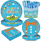Eywusco 168pcs Blue Birthday Party Supplies Orange Plates Napkins Paper Cups Blue Forks Boys Cartoon Birthday Party Decorations Disposable Tableware Set Serve 24