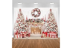 Mocsicka Christmas Fireplace Backdrop White Red Christmas Tree Photography Background Winter Christmas Family Kids Holiday Party Banner Decorations Photo Booth Props (Red, 7x5ft(82''x60''))