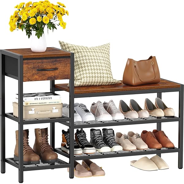SNUGHOME 39.4″ SHOE STORAGE BENCH WITH DRAWER, 3...