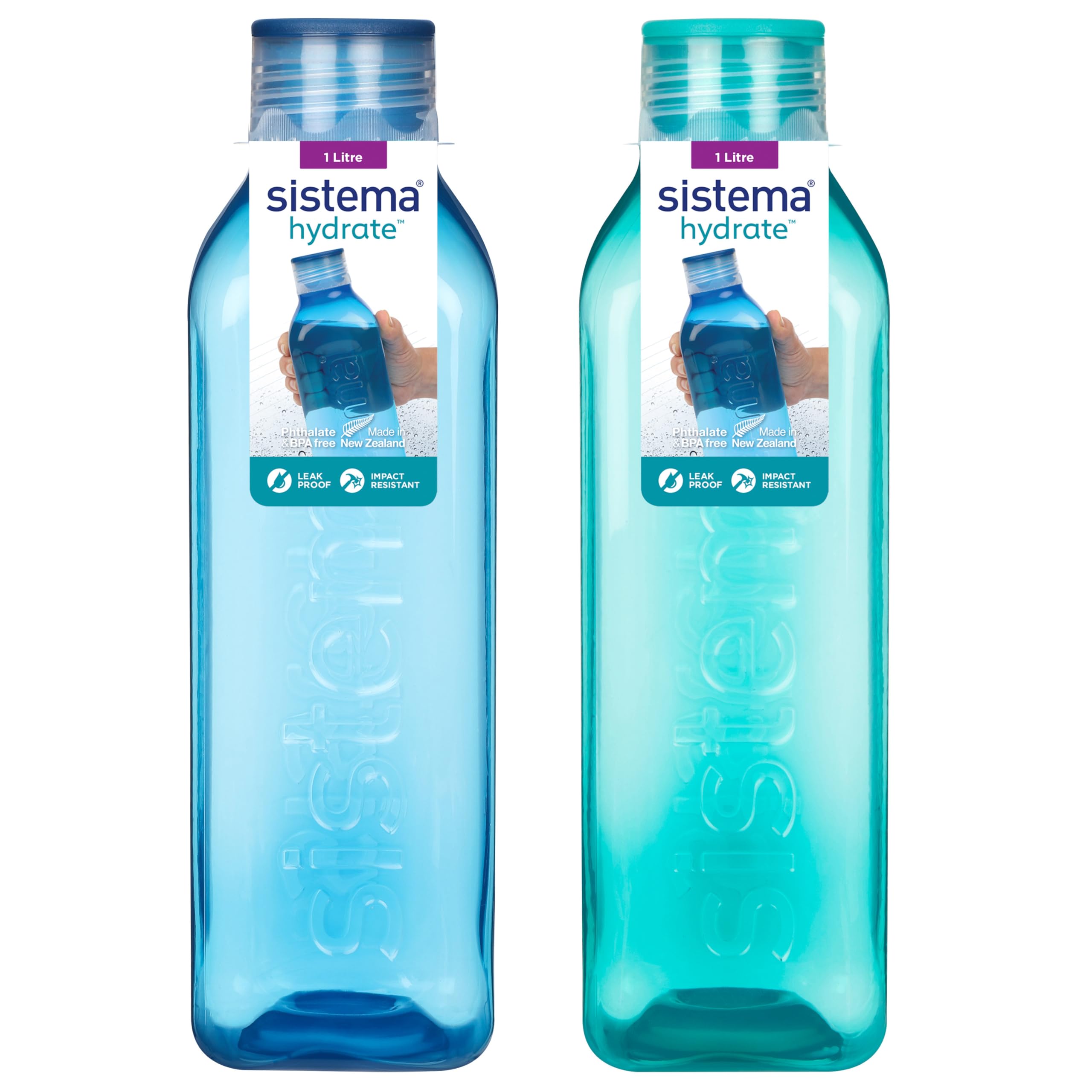 Sistema Square Water Bottles | 1L | Leakproof Kids Water Bottles | Ocean Blue & Minty Teal | 2 Count