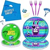 64Pcs Video Games Llama Party Tableware Supplies Including 32 Pcs Plates, 16 Pcs Forks and 16 Pcs Napkins, Video Games Theme Party Birthday Decorations