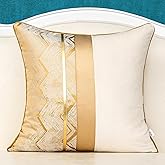 Alerfa 20 x 20 Inch Khaki White Geometric Striped Gold Leather Patchwork Velvet Cushion Case Luxury Modern Lumbar Throw Pillow Cover Decorative Pillow for Couch Sofa Living Room Bedroom Car