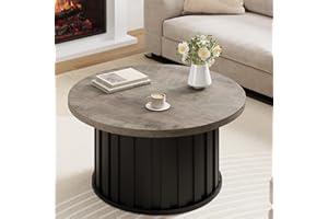 IDEALHOUSE Round Coffee Table, Mid Century Modern Coffee Table with Metal Base, 31.9 in Fluted Center Table for Living Room, 
