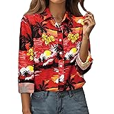Womens Long Sleeve Hawaiian Shirts V Neck Button Down Floral Printed Shirt Trendy Boho Casual Blouses Tops