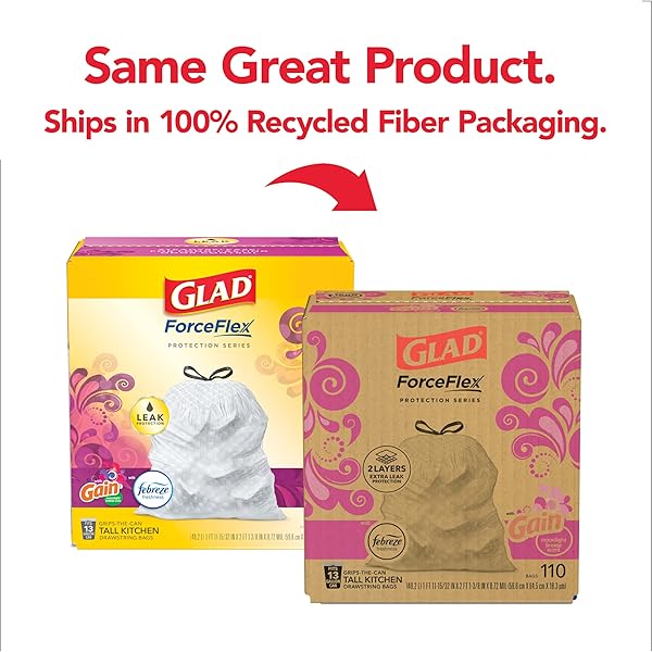 GLAD TRASH & FOOD STORAGE FORCEFLEX PROTECTION SERIES TALL TRASH BAGS, 13 GAL, GAIN MOONLIGHT BREEZE WITH FEBREZE, 110 CT (PACKAGE MAY VARY), WHITE (79261)