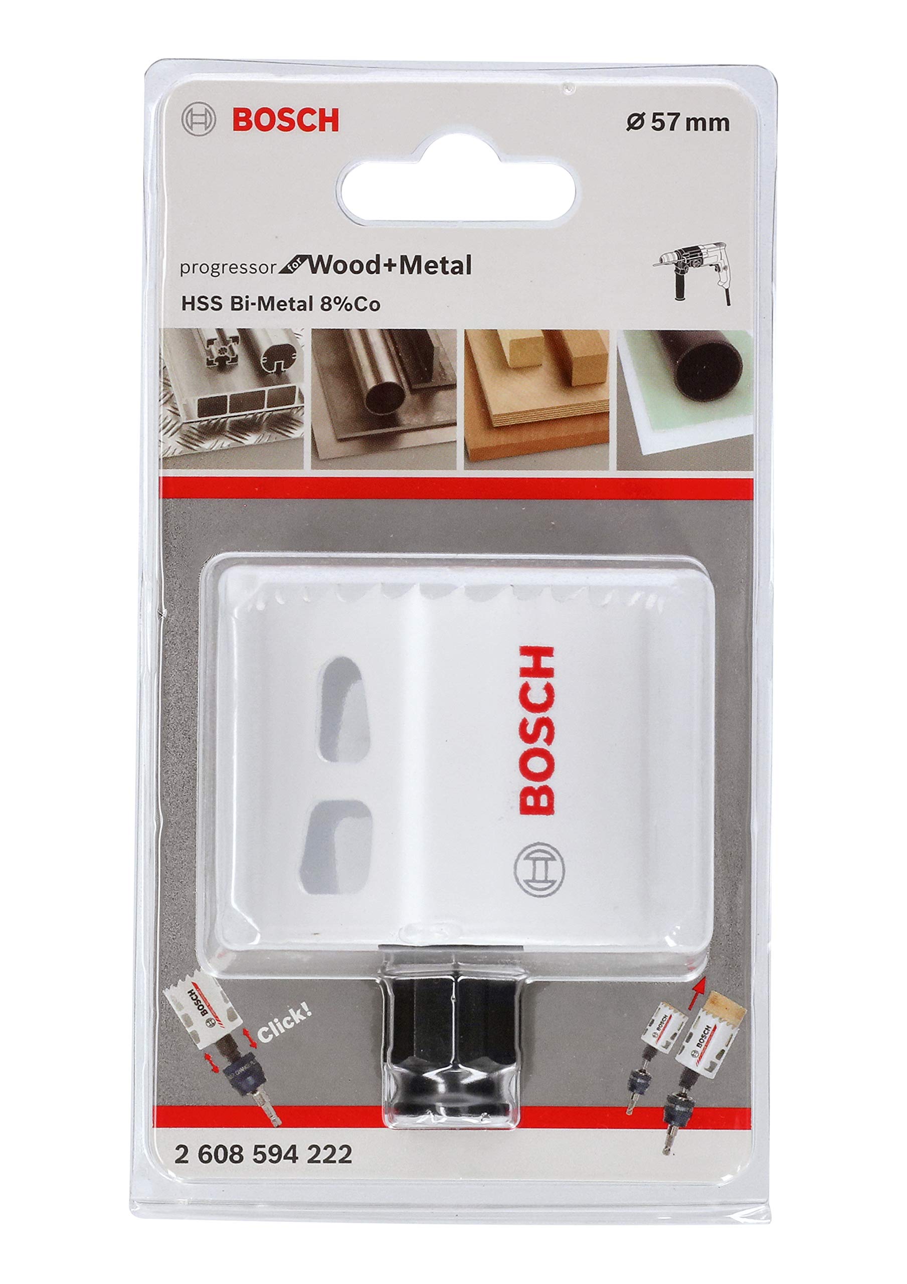 BOSCH Bi-Metal Hole Saw (for Wood and Metals, 8% Cobalt Alloy, Progressive Tooth Design, Ø 57 mm, Accessory Drills)