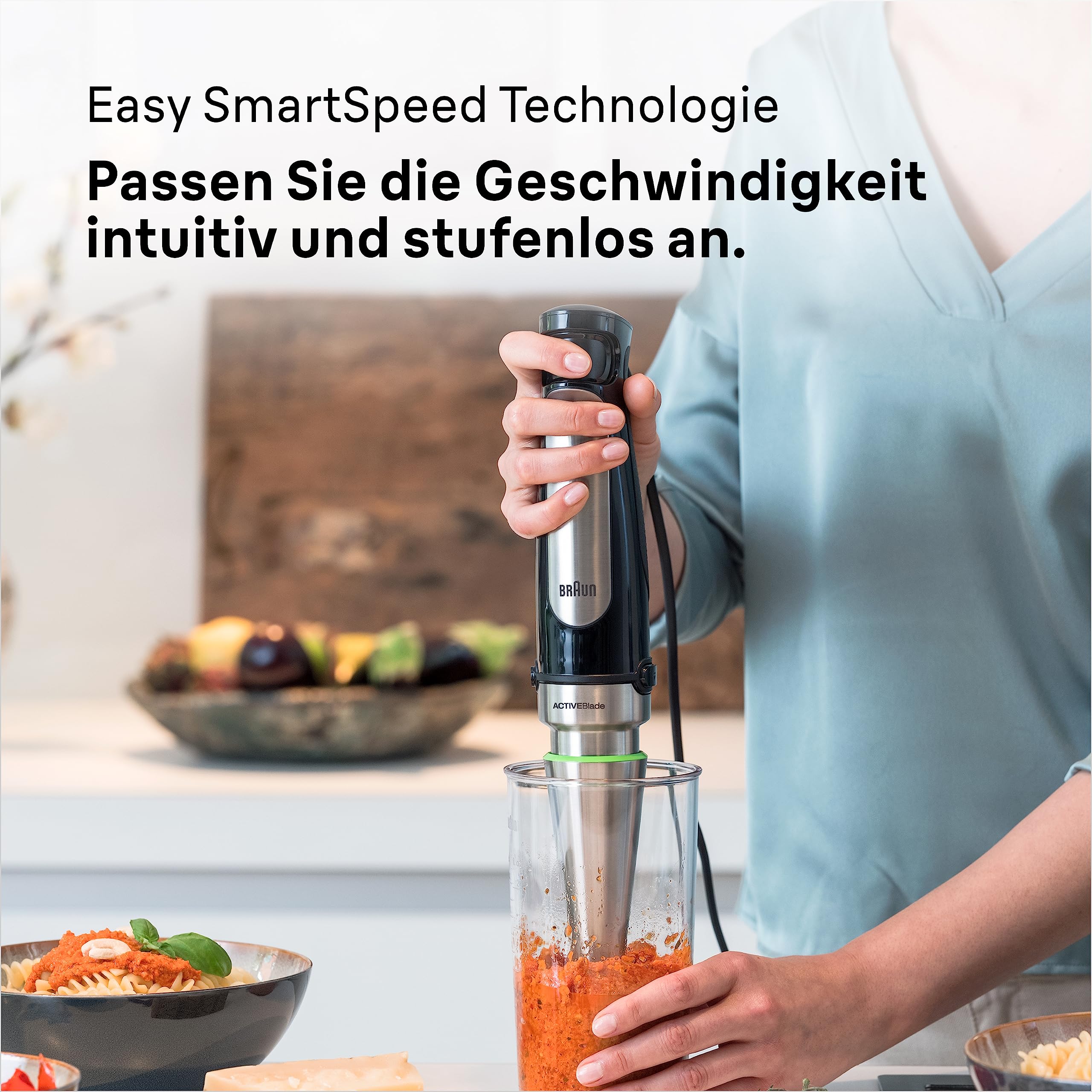 Braun MultiQuick 7 - Stabmixer mit SplashControl-Technologie, ActiveBlade System, Präzise Geschwindigkeitsregelung, 1,25L Standmixer, Zerkleinerer, Schneebesen, 600 ml Becher, 1000W, Schwarz (MQ7045X) 7